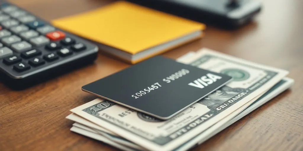 Credit card and cash on a wooden table.