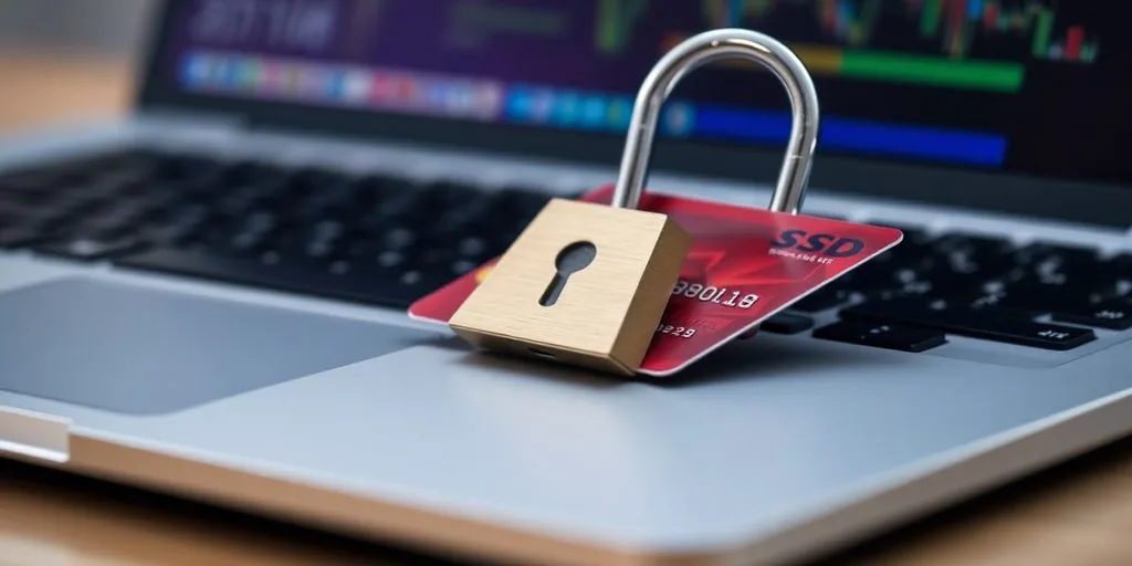 Laptop with credit card and lock, symbolizing payment security.