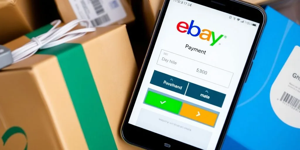 Smartphone with eBay app showing new payment interface.