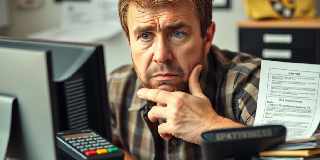 Worried merchant with payment devices and paperwork at computer.