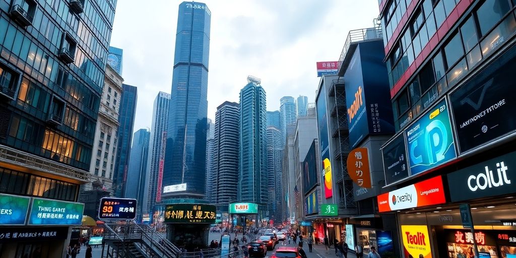 Hong Kong skyline with digital payment interfaces visible.