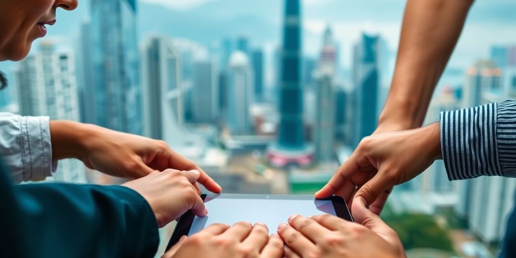 Diverse hands collaborating over a tablet with Hong Kong skyline.