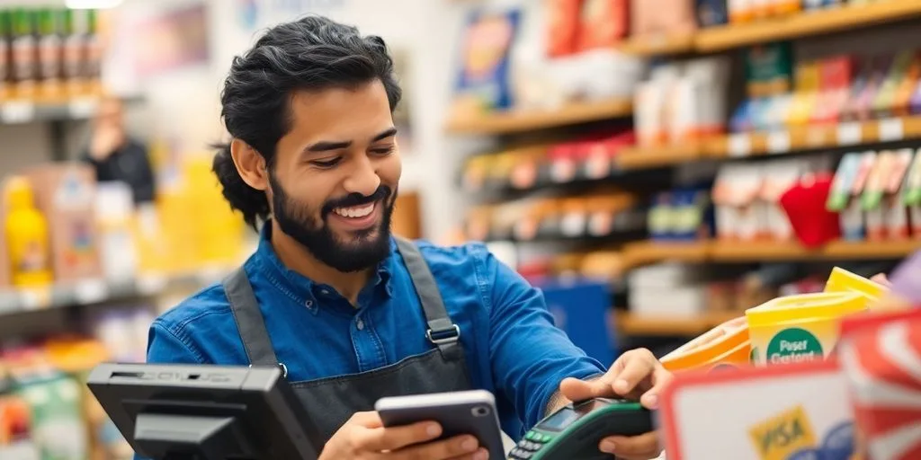 Small business owner using Clover payment device at counter.