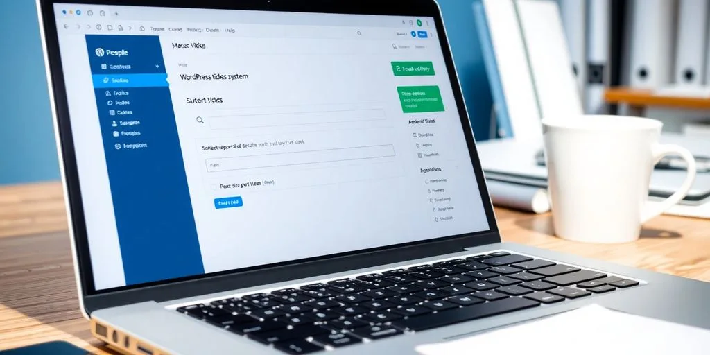 Laptop with WordPress support ticket system in office setting.