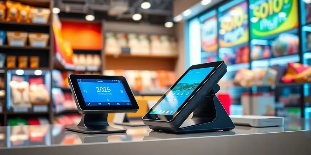 Mobile POS system on a retail counter with products.