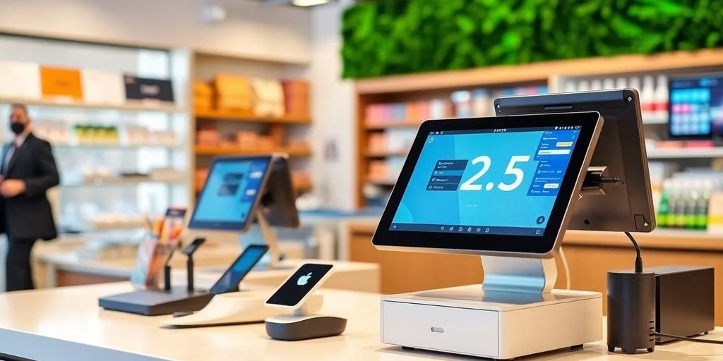 Modern POS system on a retail countertop with devices.