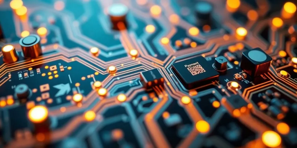 Close-up of a digital circuit board in payment systems.