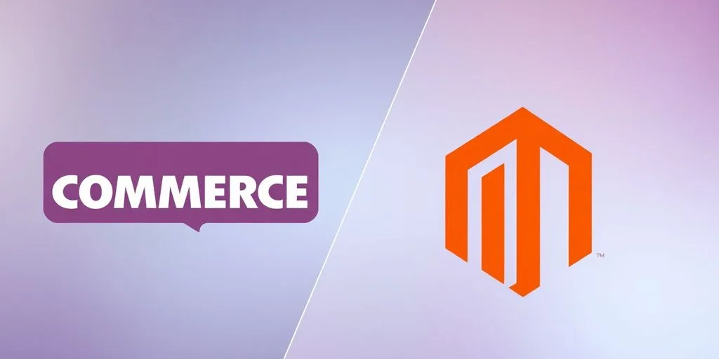 WooCommerce and Magento logos on a colorful split background.