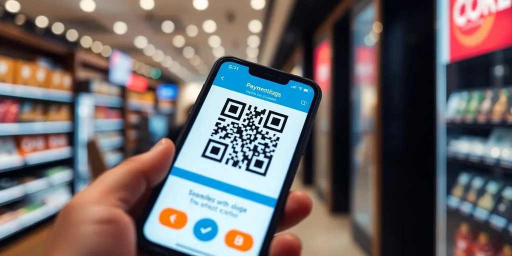 Smartphone with QR code for digital payment in store.