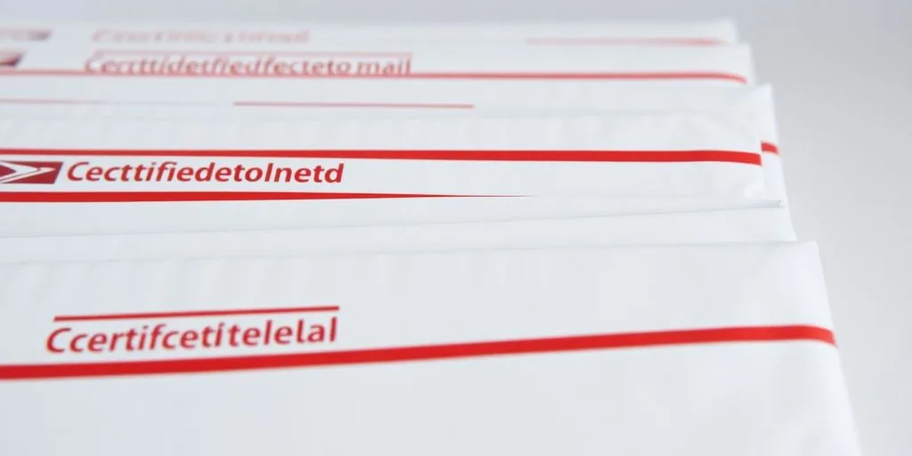 Close-up of certified mail envelopes, highlighting their details.