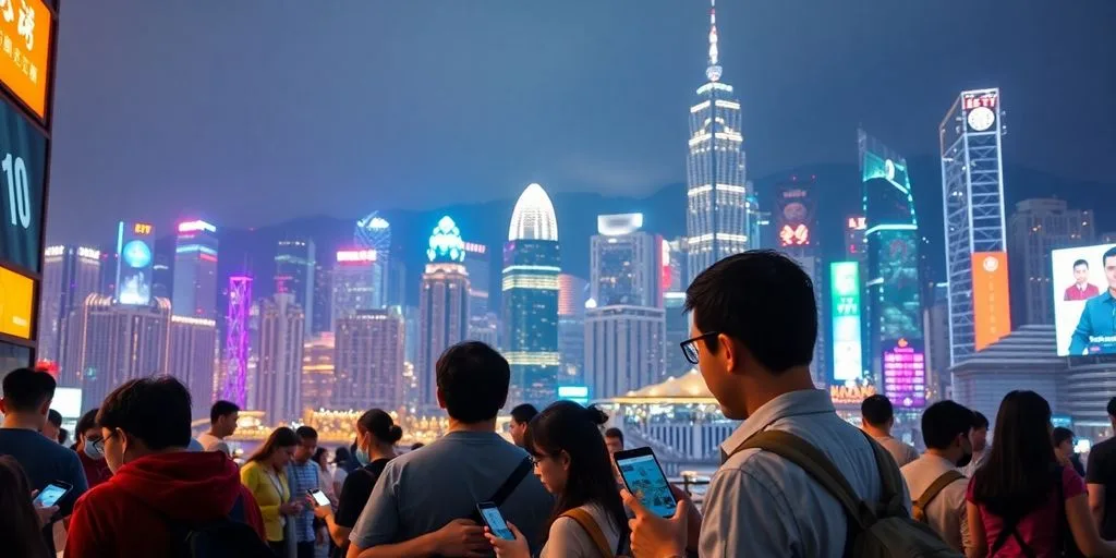 Hong Kong skyline at night with people using devices.