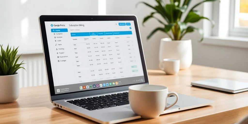 Modern workspace with laptop and subscription billing software interface.
