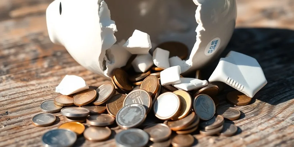 Broken piggy bank with coins spilling out