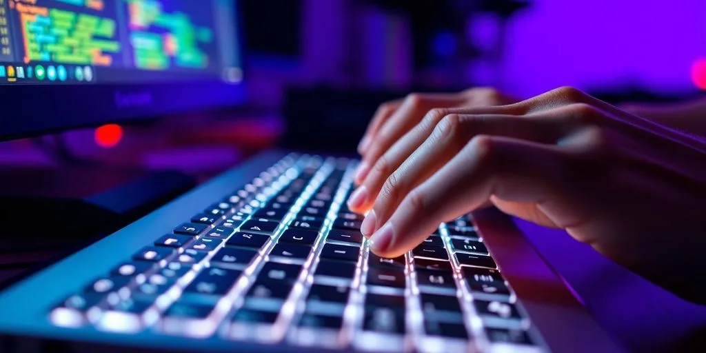 Hands typing on keyboard, glowing code snippets.