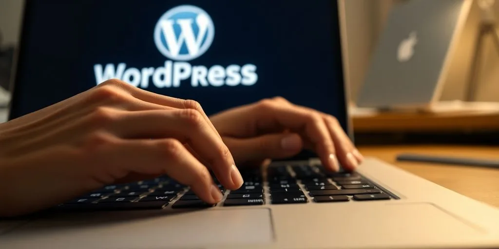 Hands typing on laptop, WordPress support ticket.