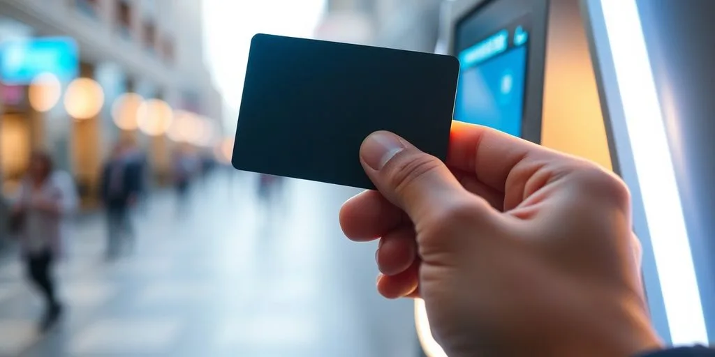 Hand holding card near payment terminal, futuristic glow.