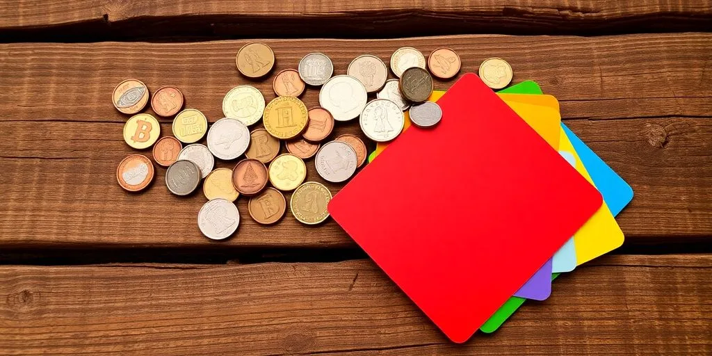 Coins and credit cards on a wooden table.