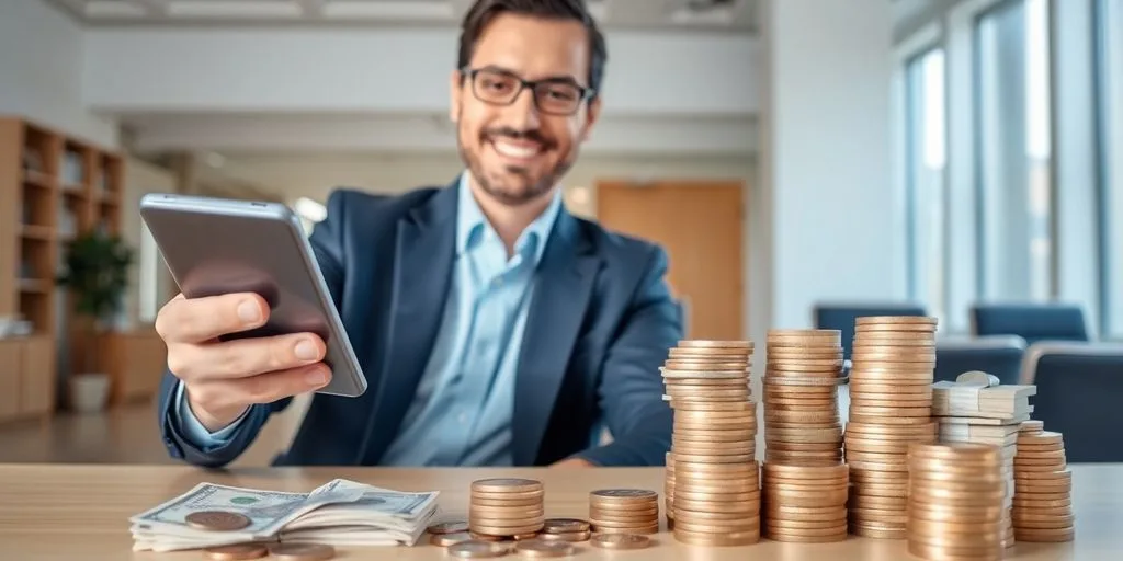 Professional using tablet for digital payment, surrounded by currency.