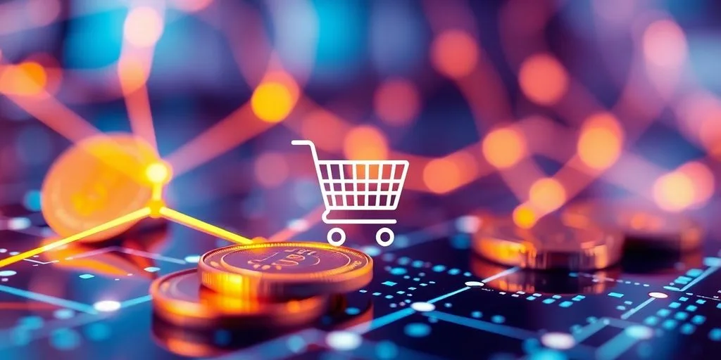 Digital coins flowing into shopping cart.