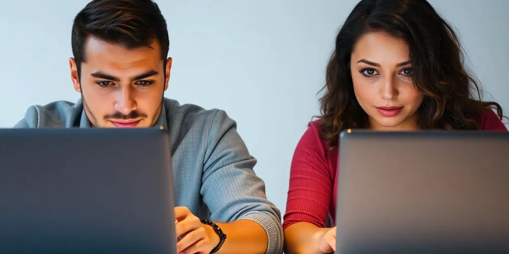 Two people comparing laptop screens, focused intently