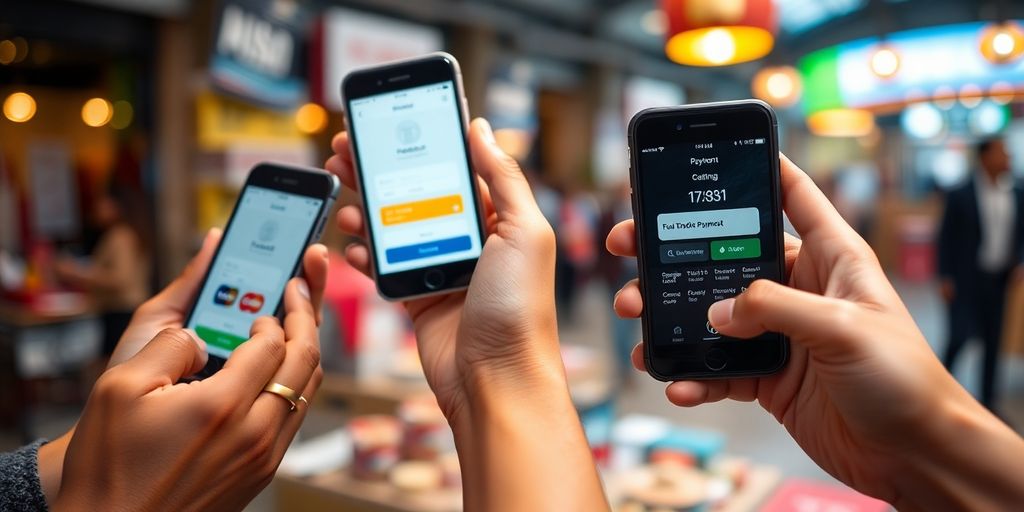 Hands holding smartphones, various payment methods displayed.