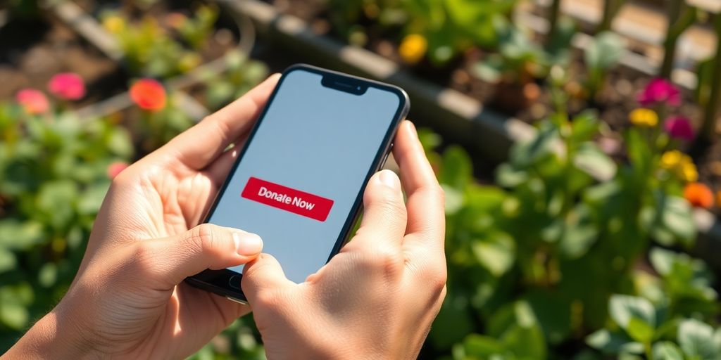 Hands holding a smartphone with donation button.