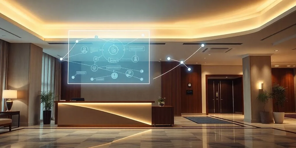Hotel lobby with digital interface.