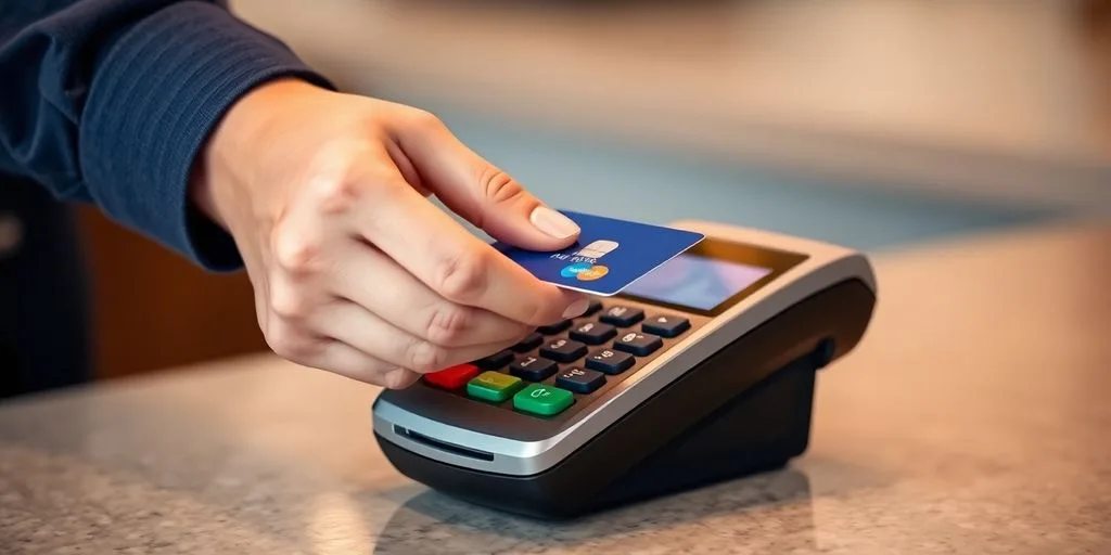 Close-up, person swiping card on sleek payment terminal.