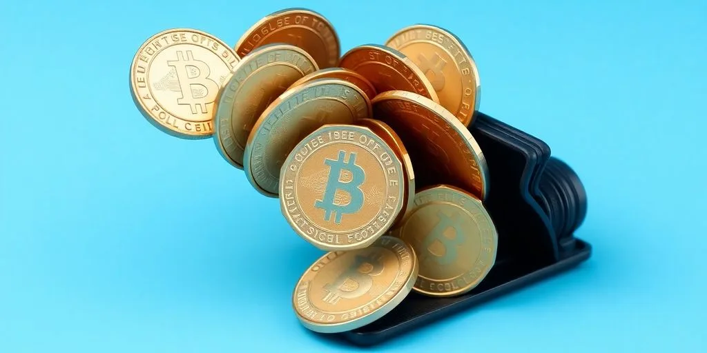 Coins flowing into a digital wallet.