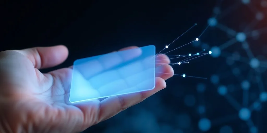 Hand holding glowing credit card, digital connections.
