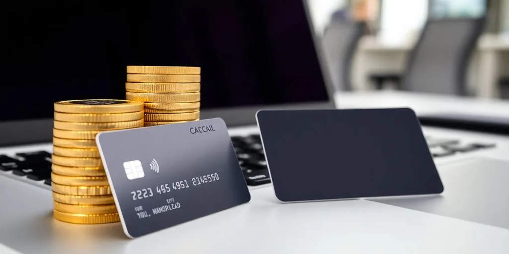 Coins stacked beside a laptop with credit card.