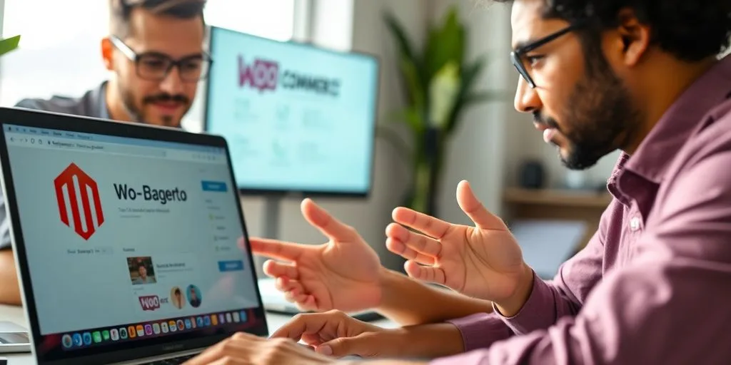 Two developers comparing laptop screens, coding software visible.