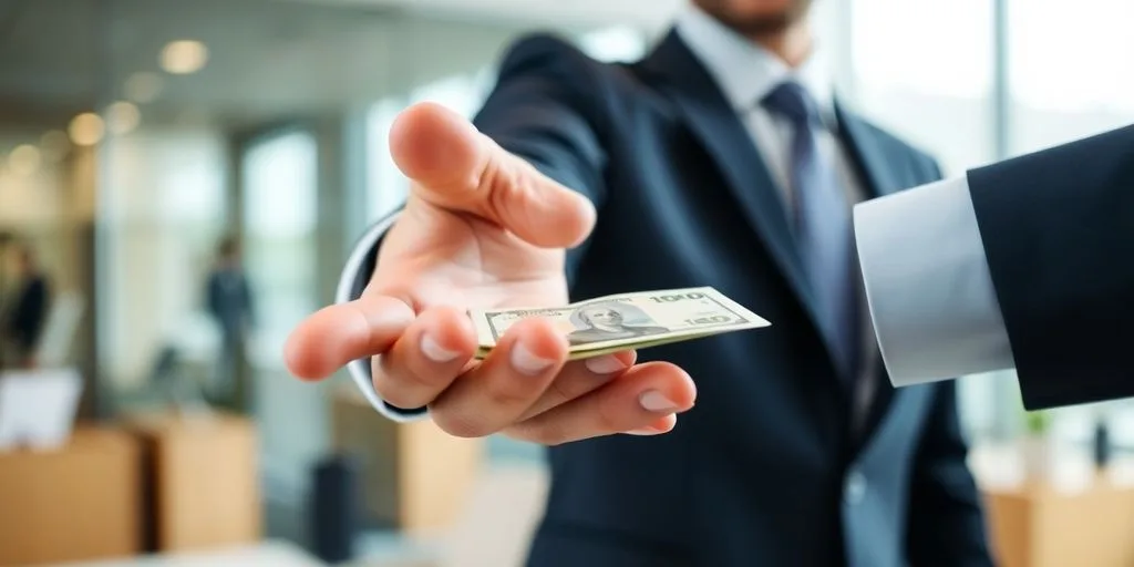 Businessman shaking hands, money exchanging hands, finances.