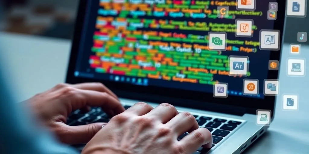 Hands coding on laptop, plugins on screen.