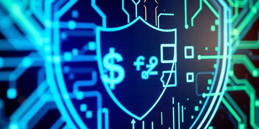 Glowing digital circuit shield protecting financial symbols with data streams.