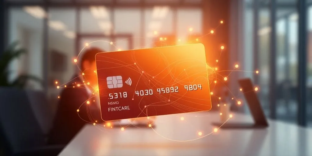 Fintech credit card with glowing financial data.