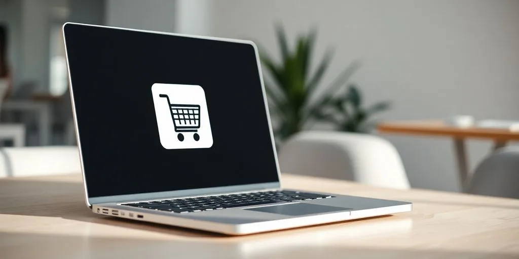 Laptop with shopping cart icon on screen.
