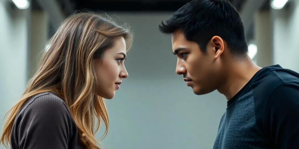 Two people, one standing right, other left, looking at each other.