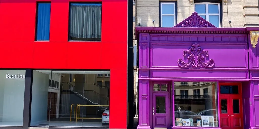 Two distinct storefronts, one red, one purple.
