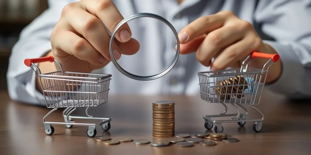 A person compares coin piles next to two miniature carts.