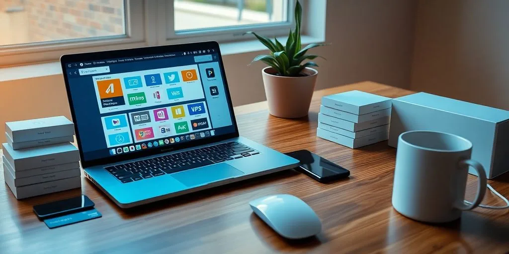Laptop on desk with plugin icons, product boxes, coffee mug