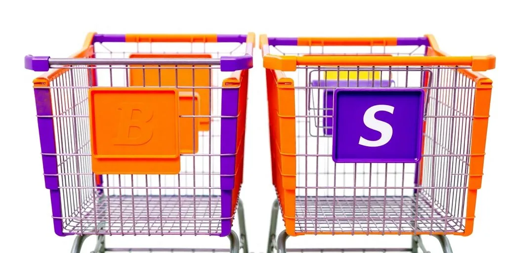 Two shopping carts, one purple, one orange.