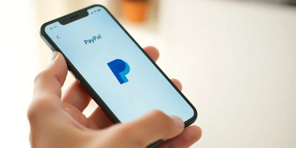 Hand holding phone with PayPal app open