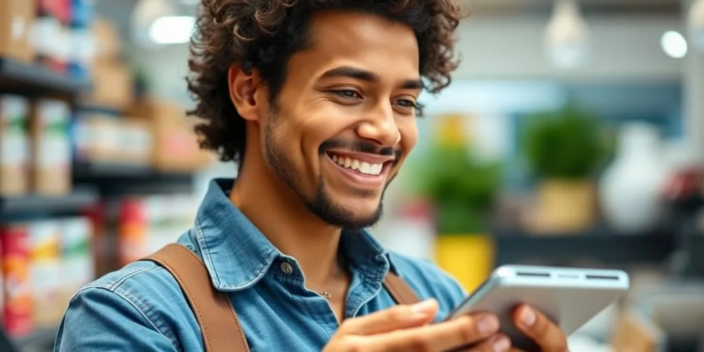Small business owner using a mobile POS device.