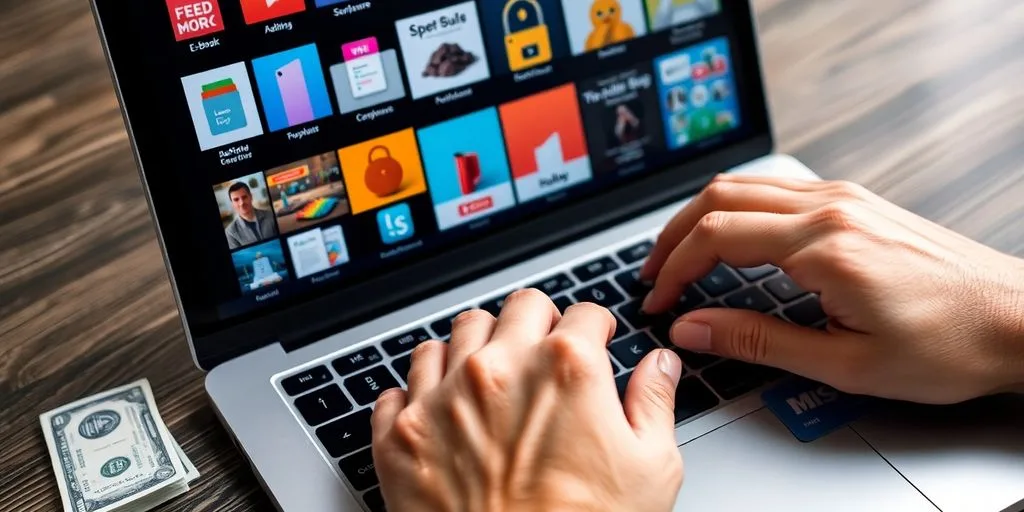 Laptop with digital products on screen, money
