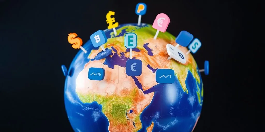 Globe with currency icons and payment symbols.