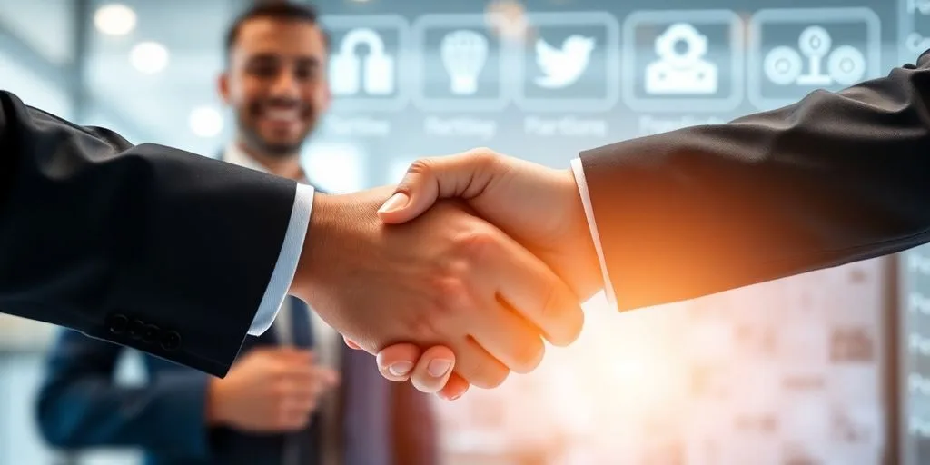 Businessperson shaking hands, digital payment interface in background.