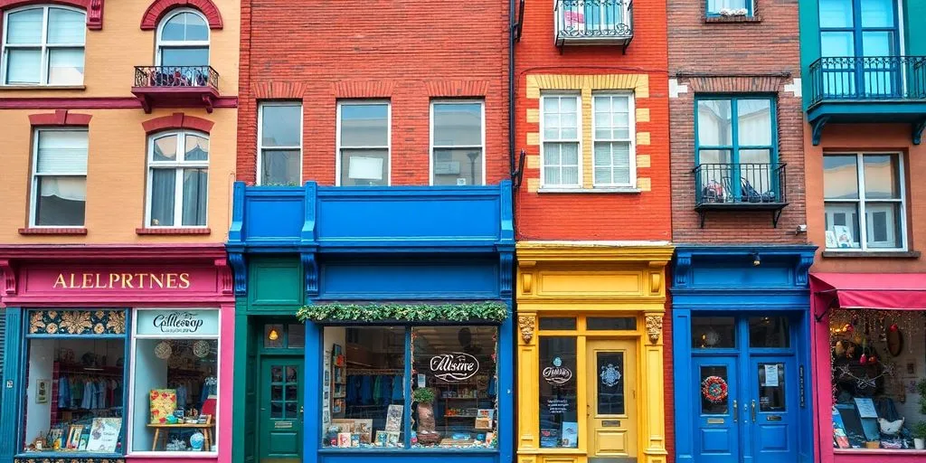 Diverse storefronts, unique designs, vibrant colors.