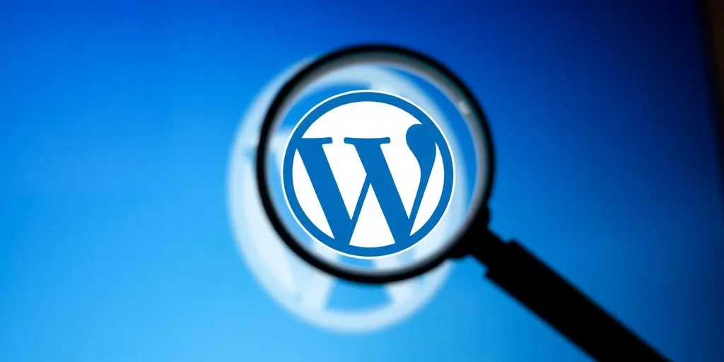 Magnifying glass over WordPress logo.