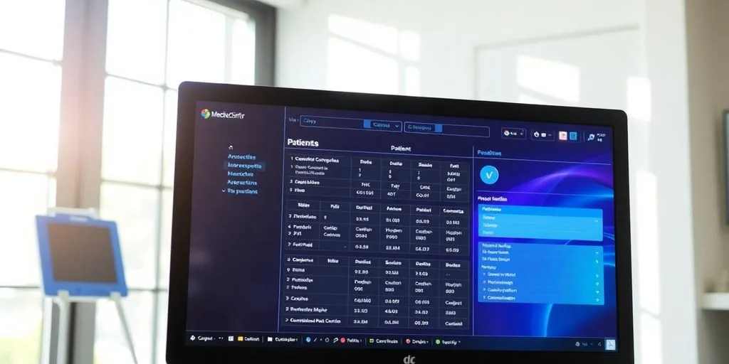 Modern medical office with digital records interface.